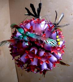 recycled plastic bottles, birds, preying mantis, paint, sculpture