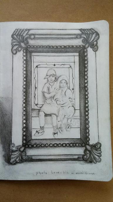 Drawing of the kids at the cabin from photo in antique mini green frame - pencil on paper